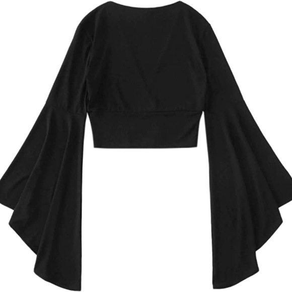 Women's V Neck Long Bell Sleeve Wrap Blouse Top Tee Shirts - Picture 4 of 8